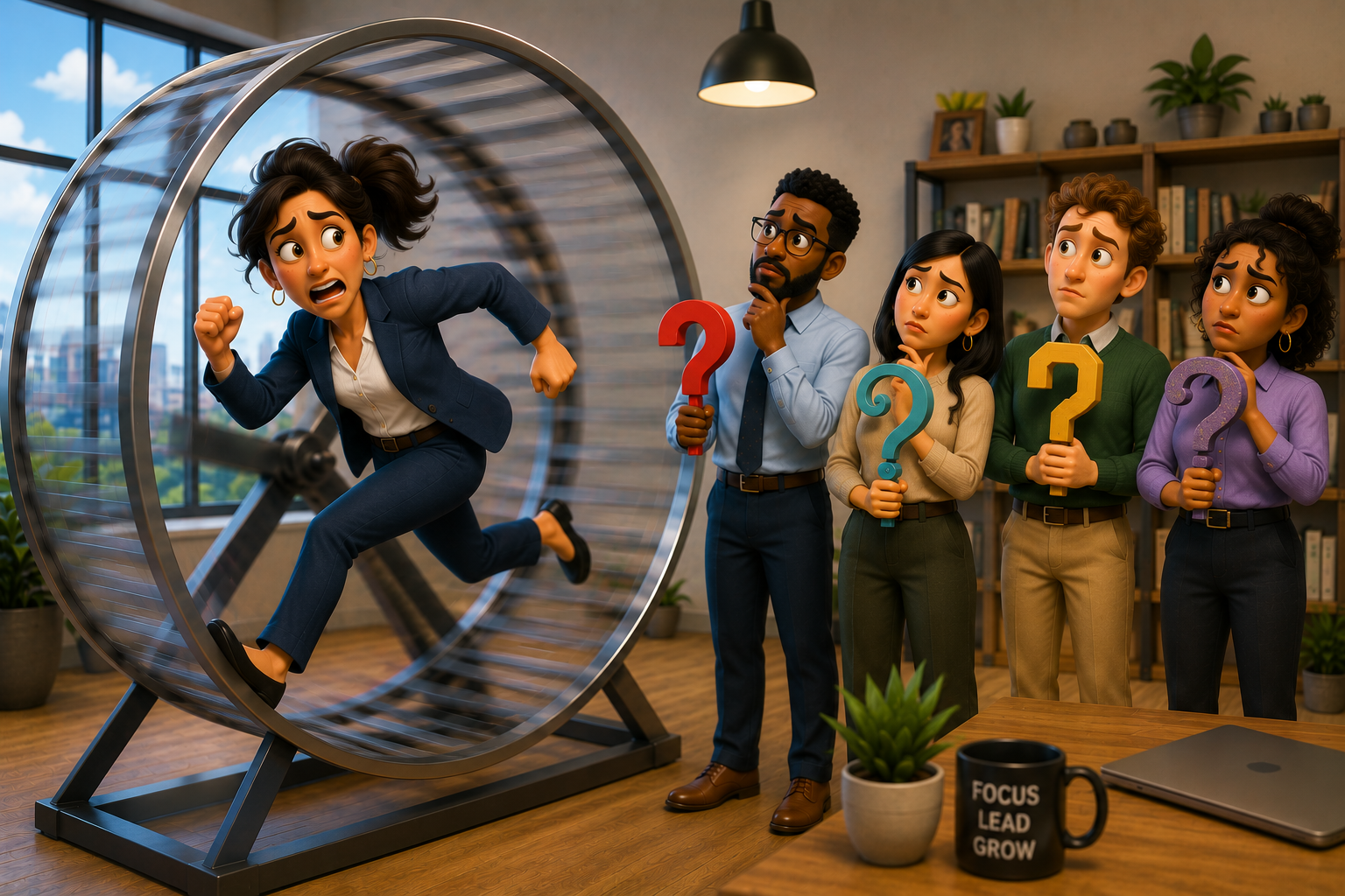 Image of a female manager running on a hamster wheel while her team stands next to her with questions