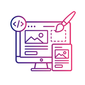 Illustration of a computer screen showing a website layout, a phone with the small version of the website, a paint brush, and an icon indicating web code